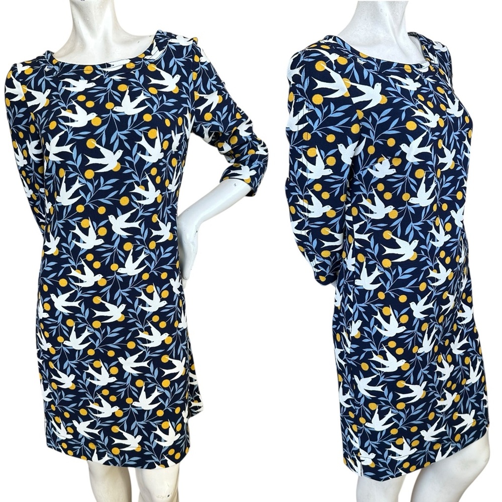 Boden Alda Navy Blue Yellow White Leaf Bird Floral Print Shift Dress US 6R
